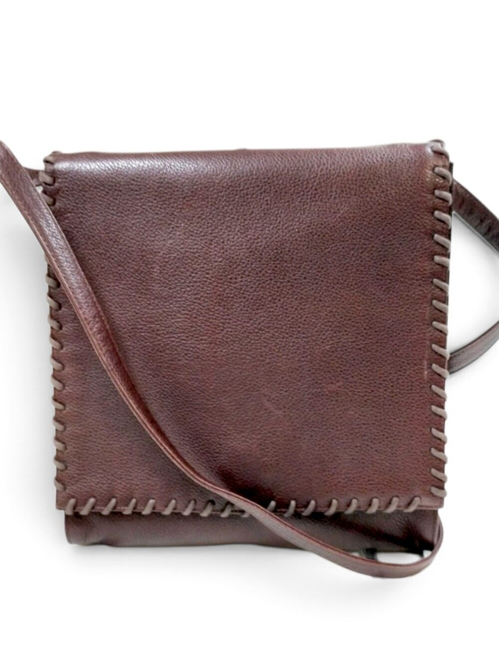 YSL Yves Saint Laurent Brown Leather Crossbody Bag Rustic Whipstitch Unisex
